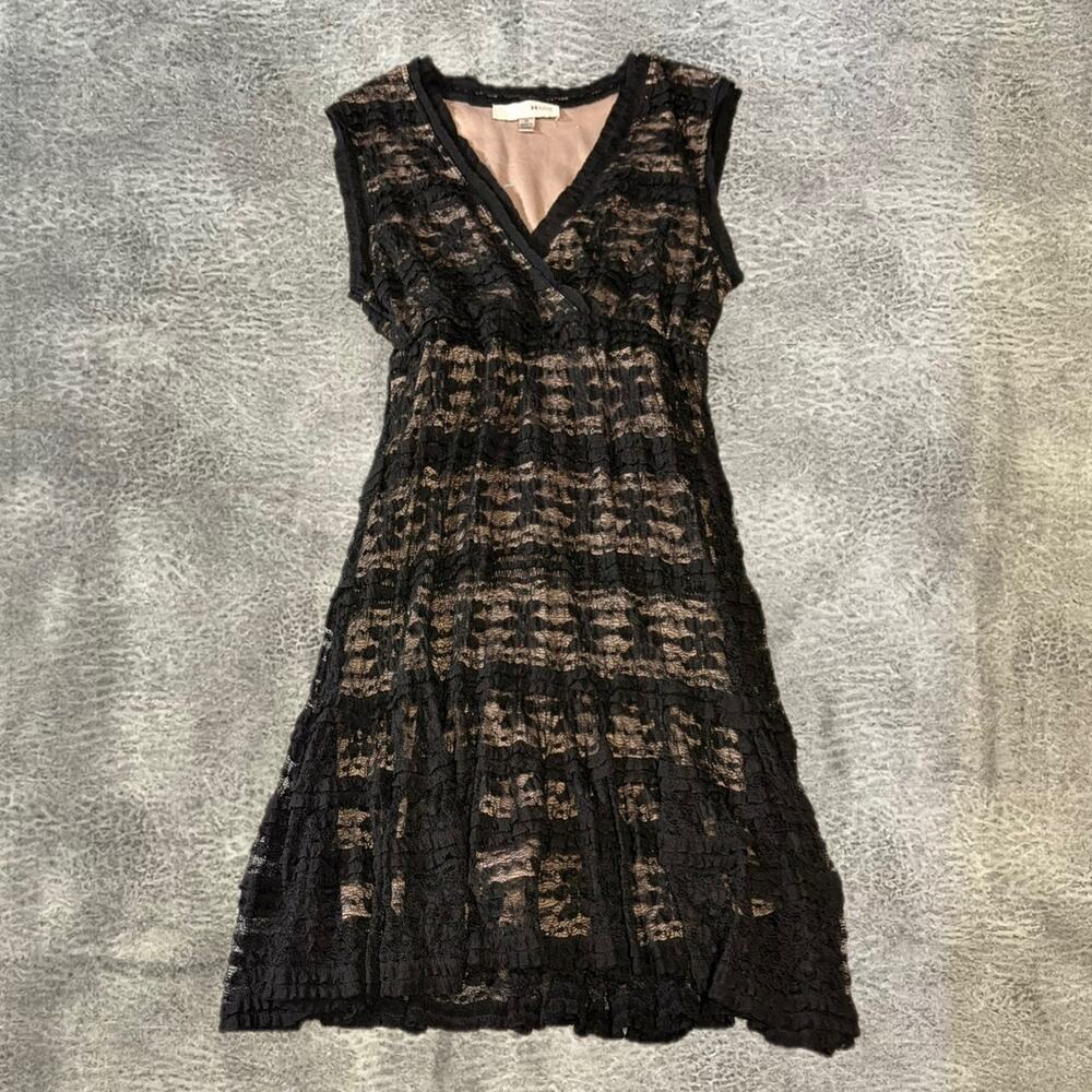 Black Floral Lace Ruffle Trim Midi Dress